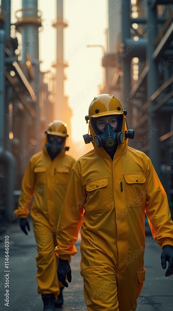 Industrial Workers in Protective Hazmat Gear at a Manufacturing Facility Industrial Workers in Protective Hazmat Gear at a Manufacturing Facility