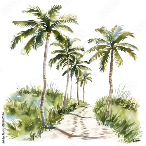 A watercolor vector of a sandy beach pathway lined with palm trees, isolated on a white background. Sandy beach pathway palm trees vector.
