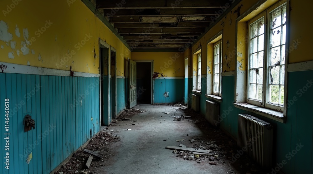 Abandoned Hallway with Decaying Walls and Broken Windows at Sunset