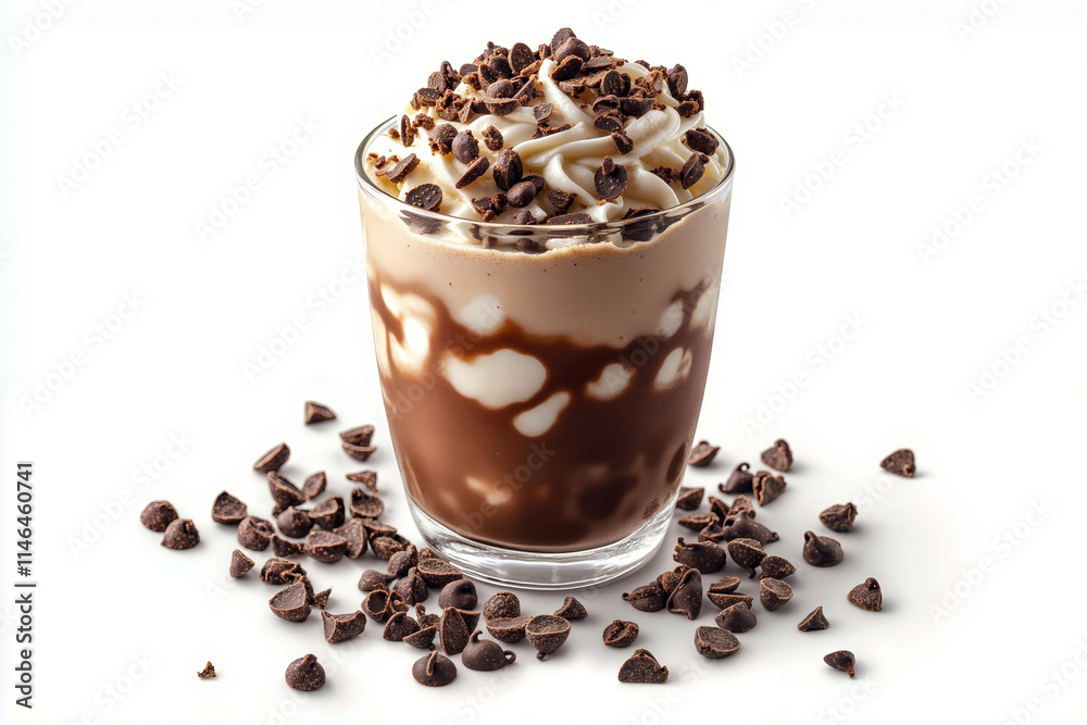 A glass of chocolate milkshake with whipped cream and chocolate chips A glass of chocolate milkshake with whipped cream and chocolate chips