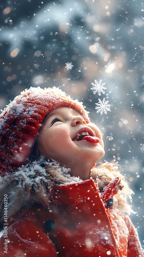 A little child in a red coat happily licks snowflakes amid snowy trees, radiating warmth and cheer. Perfect for Christmas ads or content highlighting family joy and winter happiness. A little child in a red coat happily licks snowflakes amid snowy trees, radiating warmth and cheer. Perfect for Christmas ads or content highlighting family joy and winter happiness.
