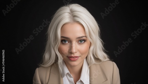 Young woman with a confident expression wearing a smart blazer in a dark studio background