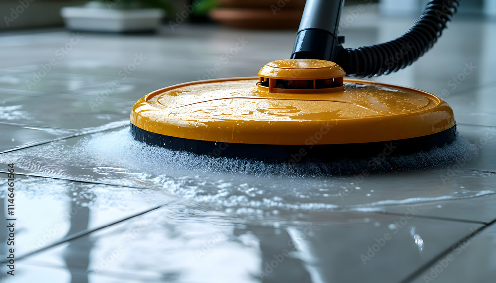 Obraz premium A yellow floor cleaning machine in action on tiled surfaces, spraying water and cleaning.