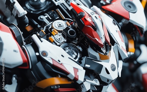 Close-up of a detailed Gundam model, showcasing intricate design and vibrant colors.