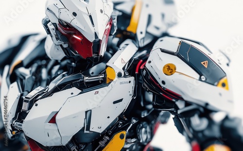 Close-up of a detailed Gundam model, showcasing intricate design and vibrant colors.