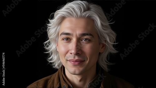 Smiling man with wavy white hair wearing a brown jacket against a black background