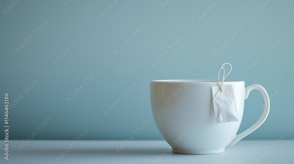 White Tea Cup with Tea Bag on Minimalist Blue Background White Tea Cup with Tea Bag on Minimalist Blue Background