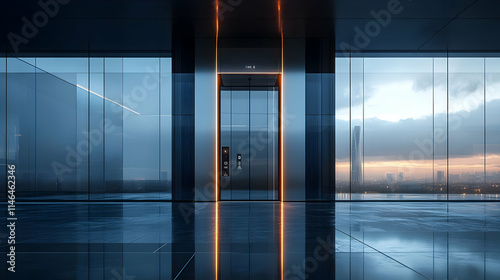 A modern elevator in a sleek, glass-walled building, reflecting a sunset view.