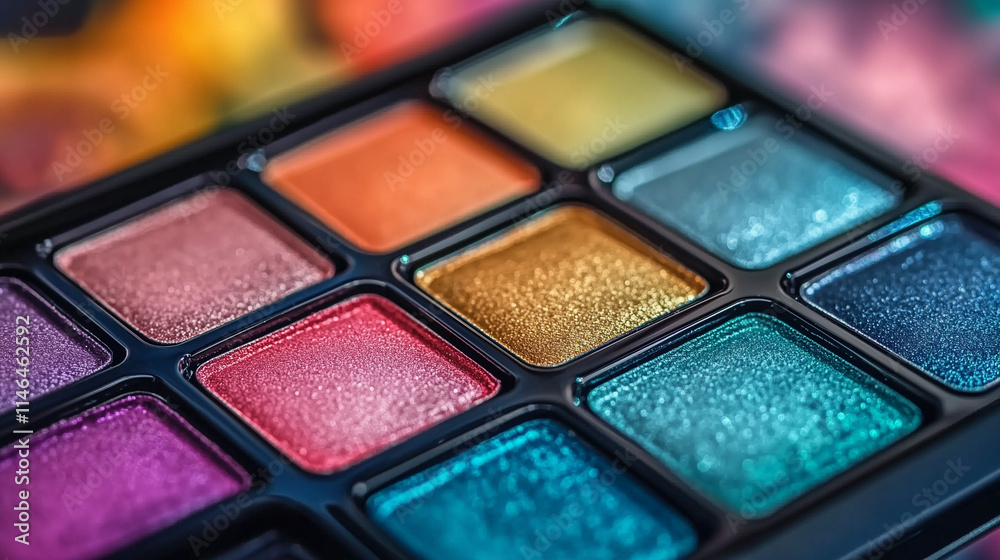 Vibrant rainbow eyeshadow palette displayed in an elegant arrangement, perfect for creating stunning makeup looks. The blurred background accentuates the rich hues of each color, adding a touch of gla Vibrant rainbow eyeshadow palette displayed in an elegant arrangement, perfect for creating stunning makeup looks. The blurred background accentuates the rich hues of each color, adding a touch of gla