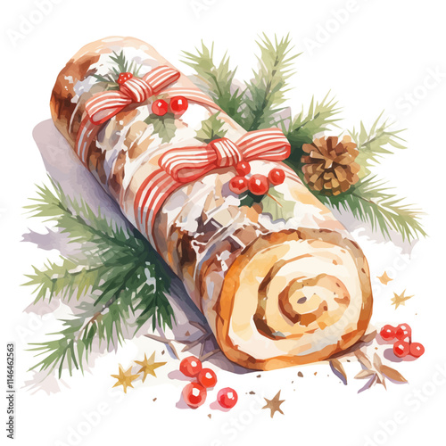 watercolor Christmas yule log painting collection isolated on a white background, vector flat watercolor design painting, Christmas design
