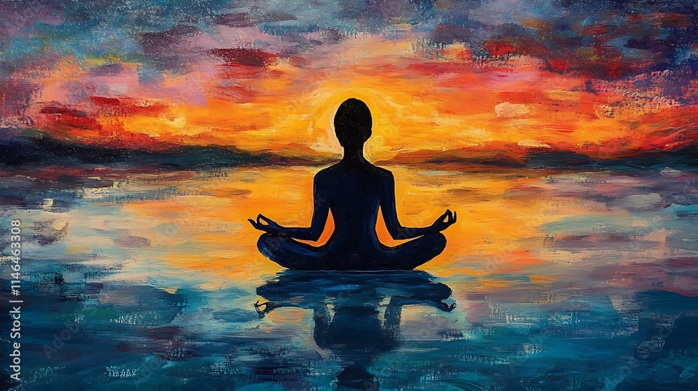 A Silhouette of a Person Meditating at Sunset Reflected in Water A Silhouette of a Person Meditating at Sunset Reflected in Water