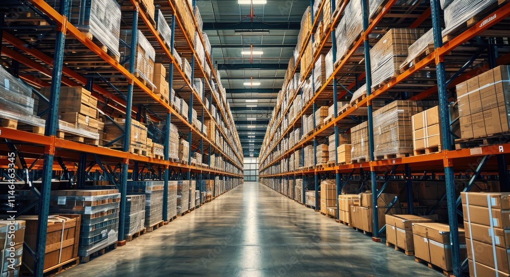 Industrial Warehouse Logistics and Storage Concept with Racks and Shelves Filled with Cargo and Supplies Industrial Warehouse Logistics and Storage Concept with Racks and Shelves Filled with Cargo and Supplies