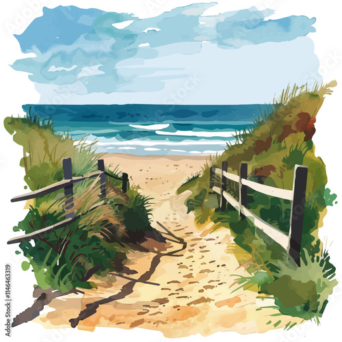 A watercolor painting of a sandy pathway leading to the beach, isolated on a white background. Sandy pathway beach vector.
