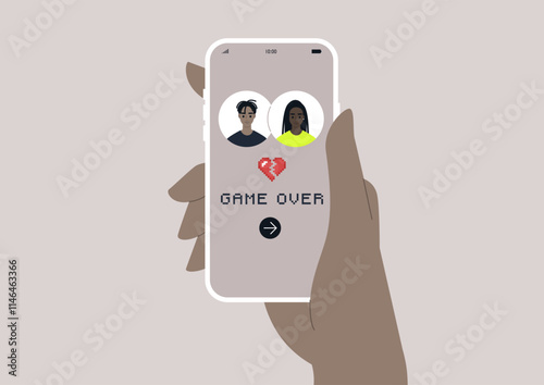 A hand holds a smartphone displaying a dating app that humorously highlights the end of a relationship, featuring a game over sign to symbolize the challenges and new beginnings in the dating world