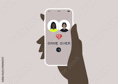 A hand holds a smartphone displaying a dating app that humorously highlights the end of a relationship, featuring a game over sign to symbolize the challenges and new beginnings in the dating world