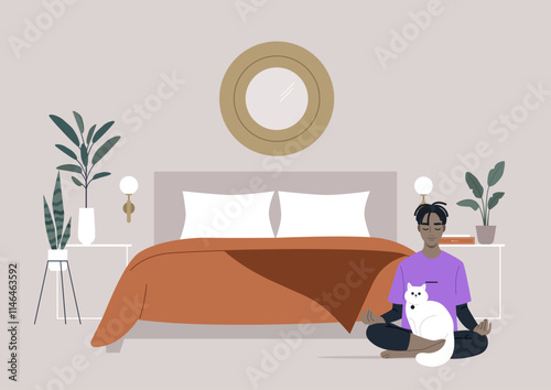 In a peaceful bedroom filled with soft colors, a person sits cross-legged on the floor, meditating with a white cat nestled in their lap, Green plants and soft lighting enhance the tranquil setting