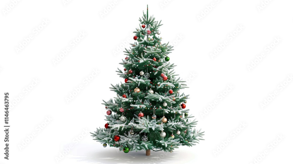 tree decorated with ornaments and festive lights isolated on white. Festive christmas tree with lights and ornaments tree decorated with ornaments and festive lights isolated on white. Festive christmas tree with lights and ornaments