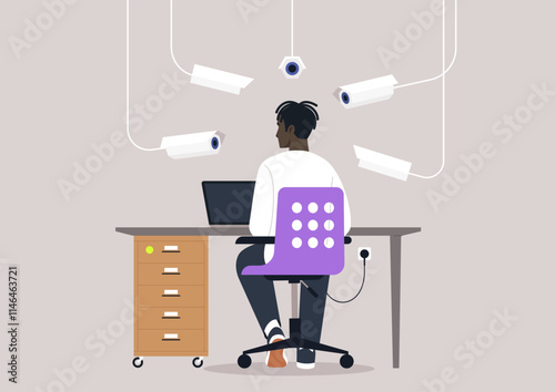 Surveillance in a modern office setting with multiple cameras monitoring employee activity from various angles