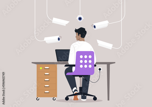 Surveillance in a modern office setting with multiple cameras monitoring employee activity from various angles