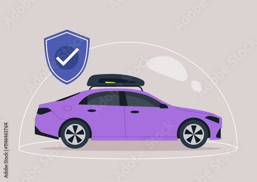 A vibrant purple sedan sits under a protective dome, symbolizing comprehensive insurance coverage, offering safety and security for all road trips and daily commutes