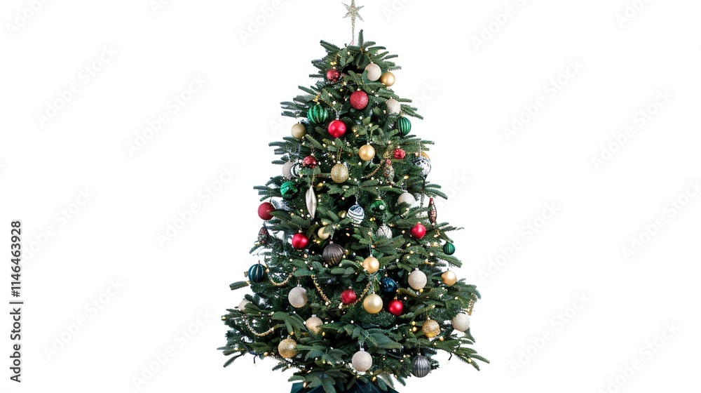 tree decorated with ornaments and festive lights isolated on white. Festive christmas tree with lights and ornaments tree decorated with ornaments and festive lights isolated on white. Festive christmas tree with lights and ornaments
