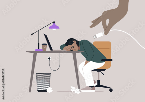 A worker shows signs of fatigue while resting their head on a desk filled with crumpled paper, A hand approaches to connect a charging cable, The setting conveys exhaustion and the need for a break