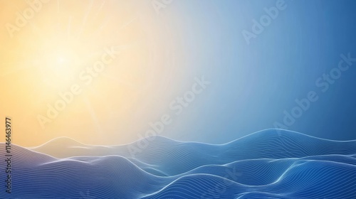 Abstract Blue Wave Landscape with Sunburst