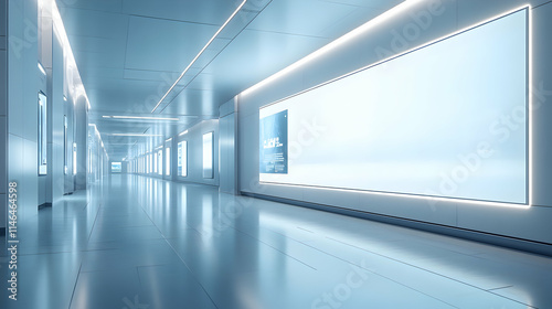 A sleek  modern hallway with illuminated advertising displays and polished floors.