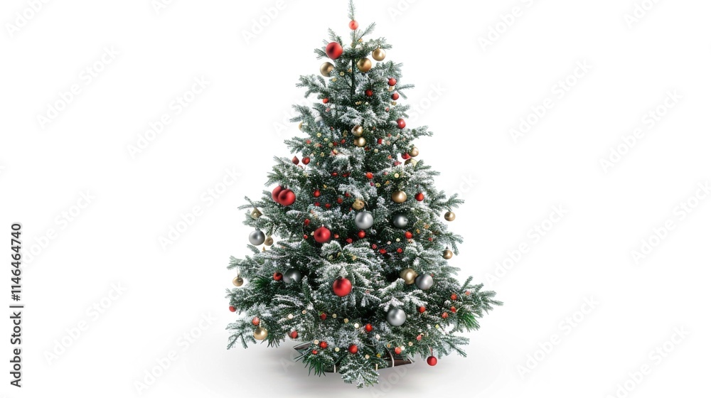 tree decorated with ornaments and festive lights isolated on white. Festive christmas tree with lights and ornaments tree decorated with ornaments and festive lights isolated on white. Festive christmas tree with lights and ornaments