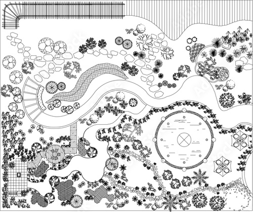 vector sketch illustration silhouette design landscape plan site plan garden with plants and trees.eps
