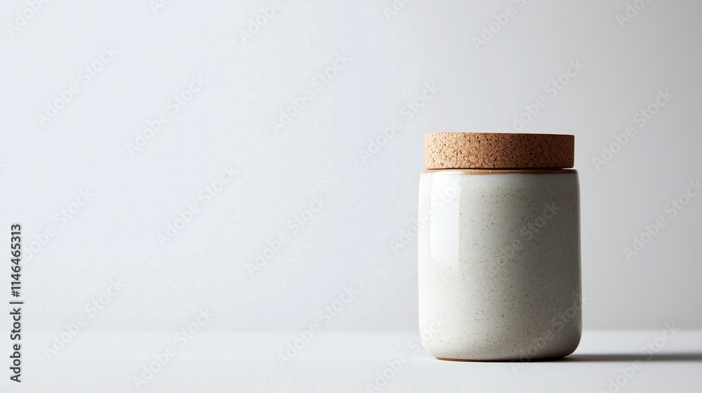 Simple white jar with cork lid on a clean surface, highlighting minimalist design and functionality in modern decor Simple white jar with cork lid on a clean surface, highlighting minimalist design and functionality in modern decor