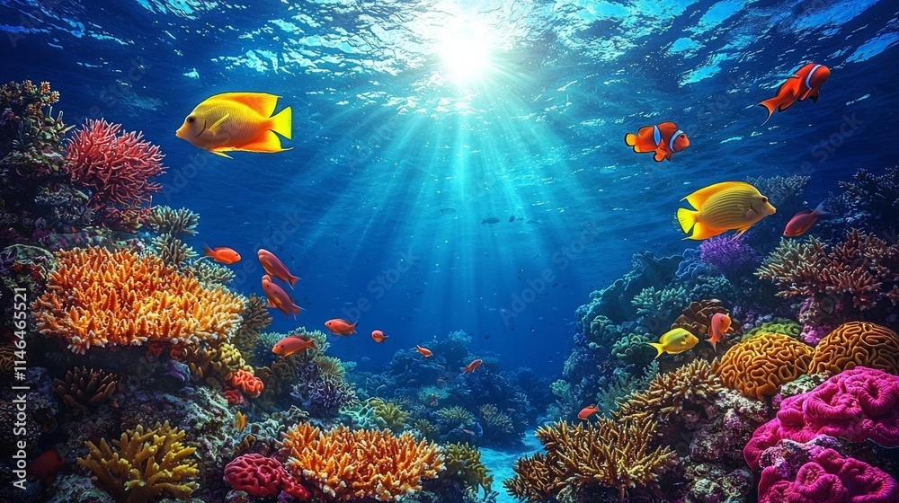 Naklejka premium Sea coral reef and colorful fishes, sun rays penetrating surface - diverse underwater life , isolated on white background, , copy space, copy space for text,