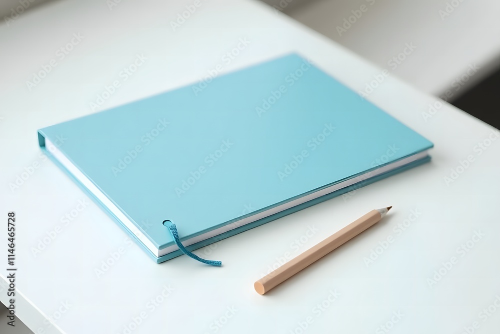 Blue notebook with string bookmark and pencil on minimalist desk, perfect for notes and creativity Blue notebook with string bookmark and pencil on minimalist desk, perfect for notes and creativity