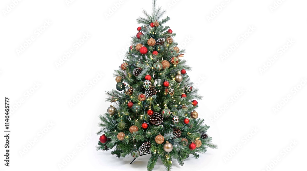 tree decorated with ornaments and festive lights isolated on white. Festive christmas tree with lights and ornaments tree decorated with ornaments and festive lights isolated on white. Festive christmas tree with lights and ornaments