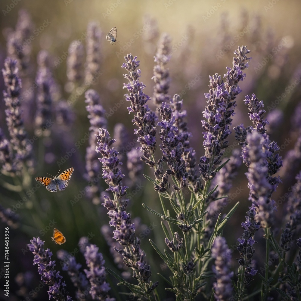 Obraz premium A blooming lavender sprig with tiny butterflies hovering.