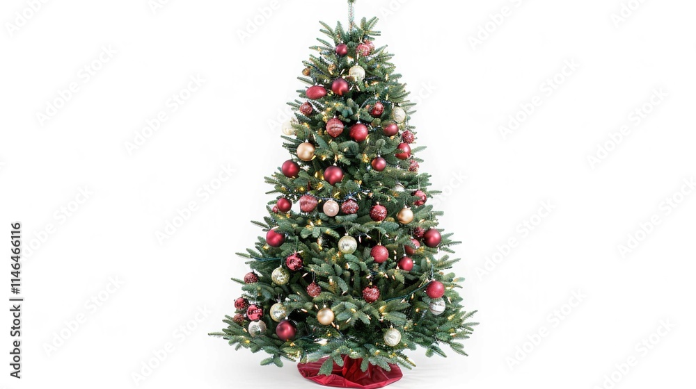 tree decorated with ornaments and festive lights isolated on white. Festive christmas tree with lights and ornaments tree decorated with ornaments and festive lights isolated on white. Festive christmas tree with lights and ornaments