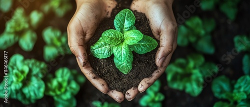 Top view of soil in hands, assessing quality for seed planting, symbolizing the future of smart farming and the use of technology to improve agricultural practices photo