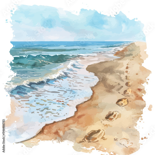 A watercolor drawing of a sandy shoreline with footprints, isolated on a white background. Sandy shoreline footprints vector.
