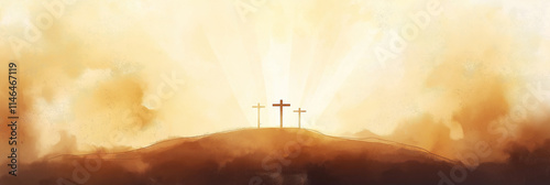 On hill against backdrop vast sky, crosse stand powerful symbol of Crucifixion, commemorating sacrifice Jesus Christ, God love, spirit of Easter, Christianity fill outdoor watercolor copyspace.