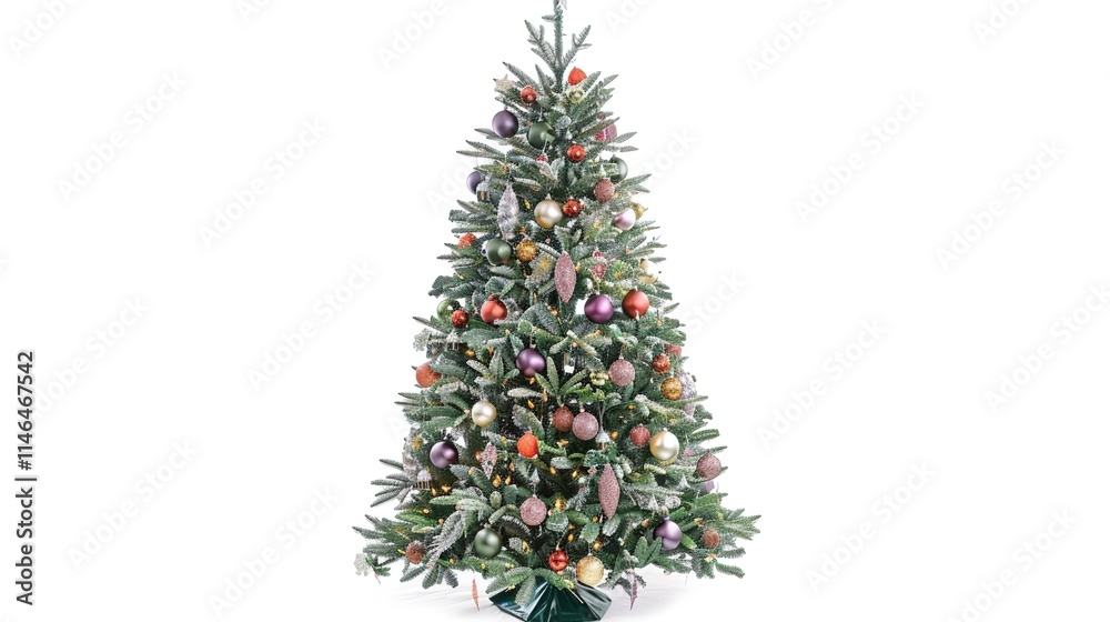 tree decorated with ornaments and festive lights isolated on white. Festive christmas tree with lights and ornaments tree decorated with ornaments and festive lights isolated on white. Festive christmas tree with lights and ornaments