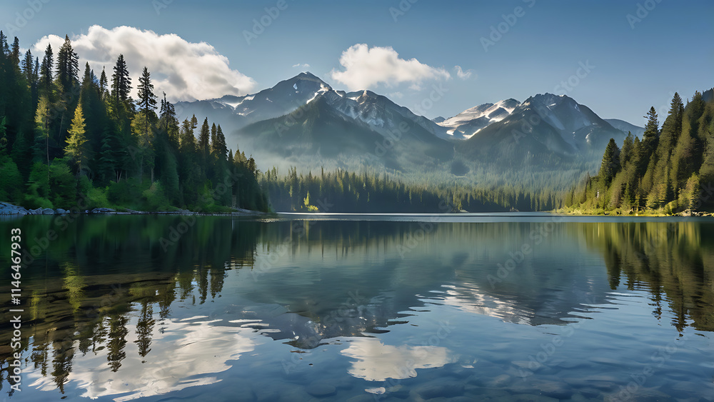 Fototapeta premium Serene Mountain Lake with Misty Reflections