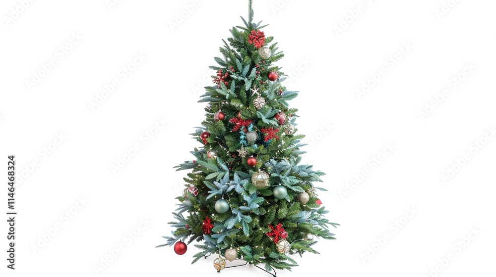 tree decorated with ornaments and festive lights isolated on white. Festive christmas tree with lights and ornaments tree decorated with ornaments and festive lights isolated on white. Festive christmas tree with lights and ornaments