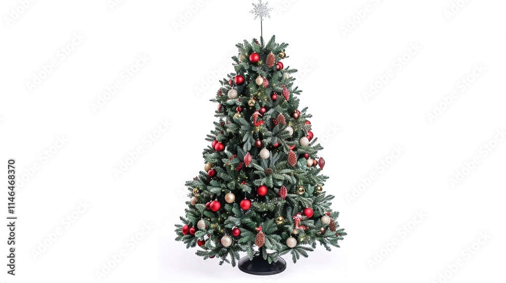 tree decorated with ornaments and festive lights isolated on white. Festive christmas tree with lights and ornaments tree decorated with ornaments and festive lights isolated on white. Festive christmas tree with lights and ornaments