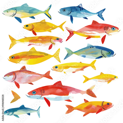 A watercolor vector of a school of fish swimming in shallow water, isolated on a white background. School of fish shallow water vector.
