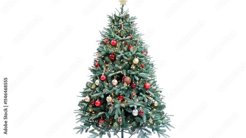tree decorated with ornaments and festive lights isolated on white. Festive christmas tree with lights and ornaments tree decorated with ornaments and festive lights isolated on white. Festive christmas tree with lights and ornaments