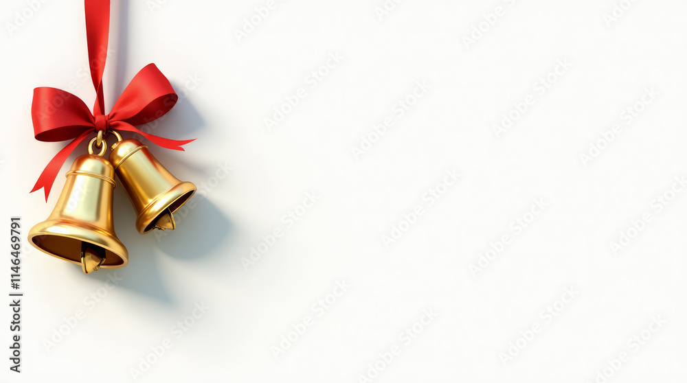 Christmas Card - Hanging Gold Sleigh Bells with Red Ribbon Christmas Card - Hanging Gold Sleigh Bells with Red Ribbon