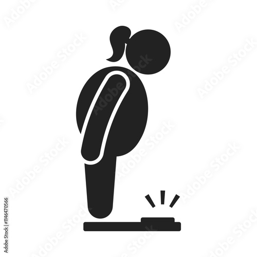 Isolated pictogram fat girl weight measure on scale, shocked big belly woman