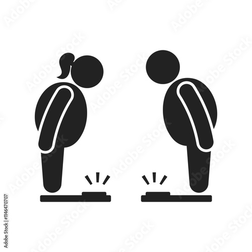 Bundle set pictogram fat person weight measure on scale, shocked big belly man and woman