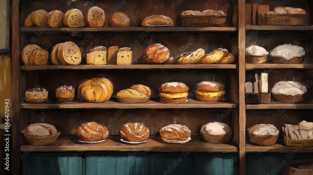 bakery shelves, fresh bread, pastries, desserts, rustic, baked goods, warm, display bakery shelves, fresh bread, pastries, desserts, rustic, baked goods, warm, display