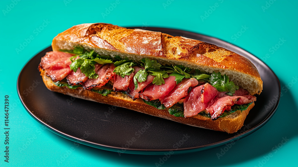 Premium Banh Mi Sandwich with Sliced Beef and Fresh Herbs Premium Banh Mi Sandwich with Sliced Beef and Fresh Herbs
